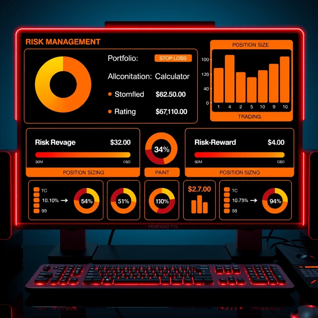 Risk management trading game interface showing portfolio allocation calculator, stop-loss settings, and position sizing tools with orange accent colors